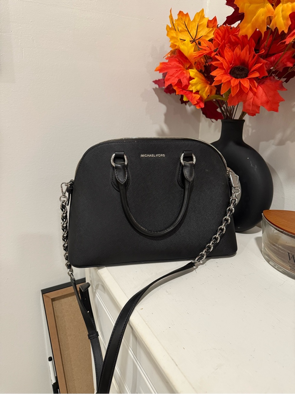 MICHAEL KORS Black Saffiano Dome Satchel with Chain Strap